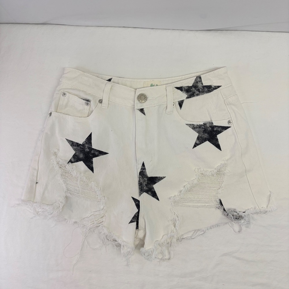 Blue Buttercup Denim Star Print Shorts Womens Size S White Black Distressed Edge